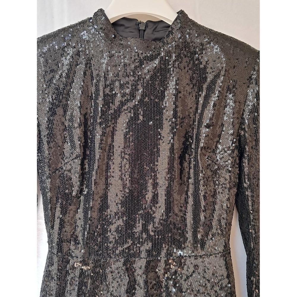 House‎ of CB Black Sequin Mock Neck Long Sleeve Ruched Lace Trim Mini Dress S - Picture 5 of 14